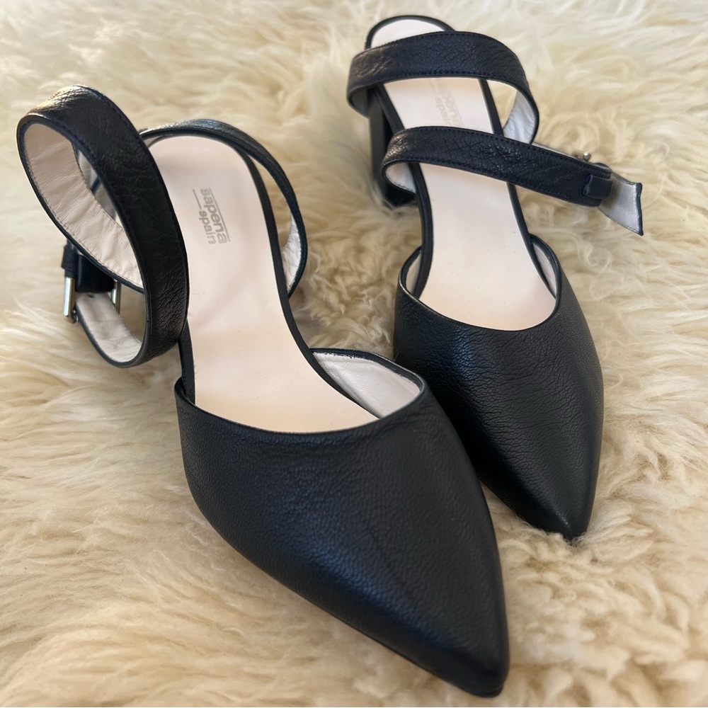 Sapena Navy Ankle Wrap Leather Strap Heels Size 7